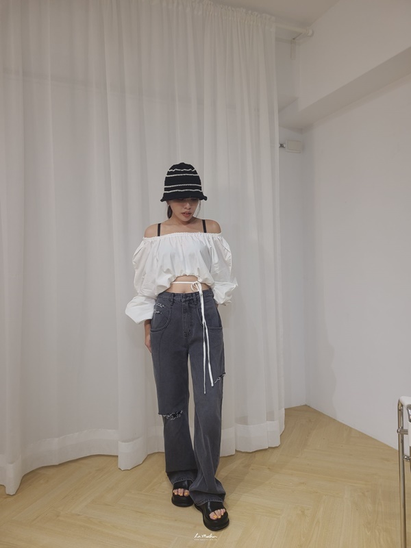 寬領抽繩澎澎袖上衣